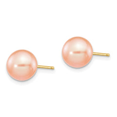 14K Yellow Gold 8-9mm Pink Round FWC Pearl Stud Post Earrings