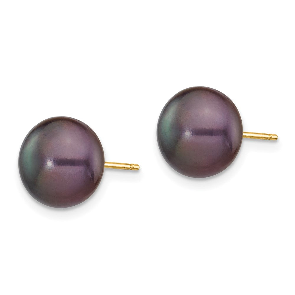 14K Yellow Gold 9-10mm Black Button FWC Pearl Stud Post Earrings