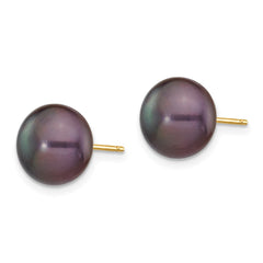 14K Yellow Gold 9-10mm Black Button FWC Pearl Stud Post Earrings