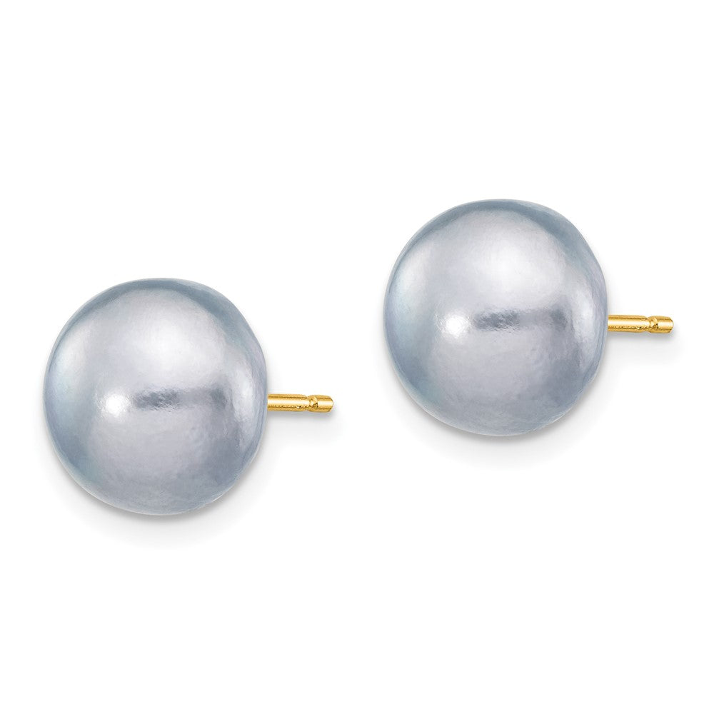 14K Yellow Gold 9-10mm Grey Button FWC Pearl Stud Post Earrings