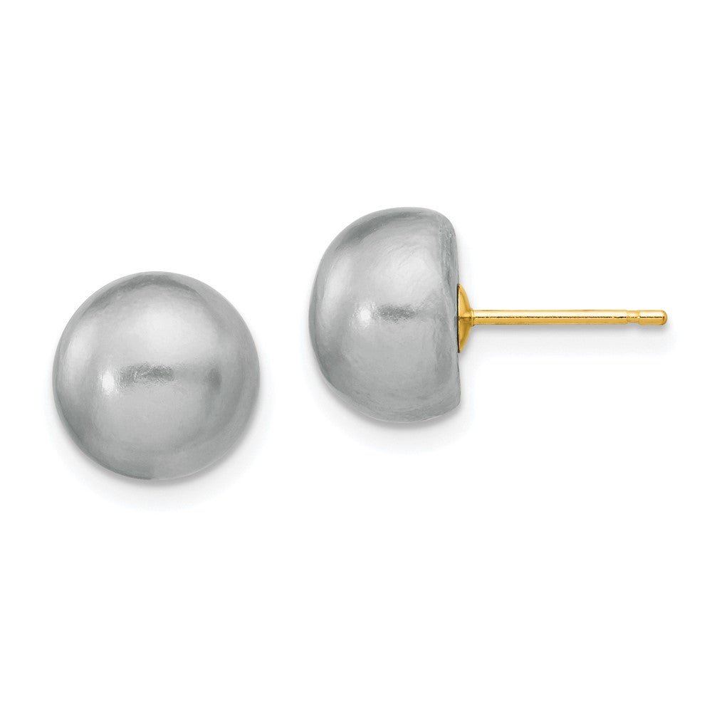 14K Yellow Gold 9-10mm Grey Button FWC Pearl Stud Post Earrings
