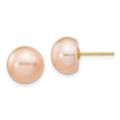 14K Yellow Gold 9-10mm Pink Button FWC Pearl Stud Post Earrings