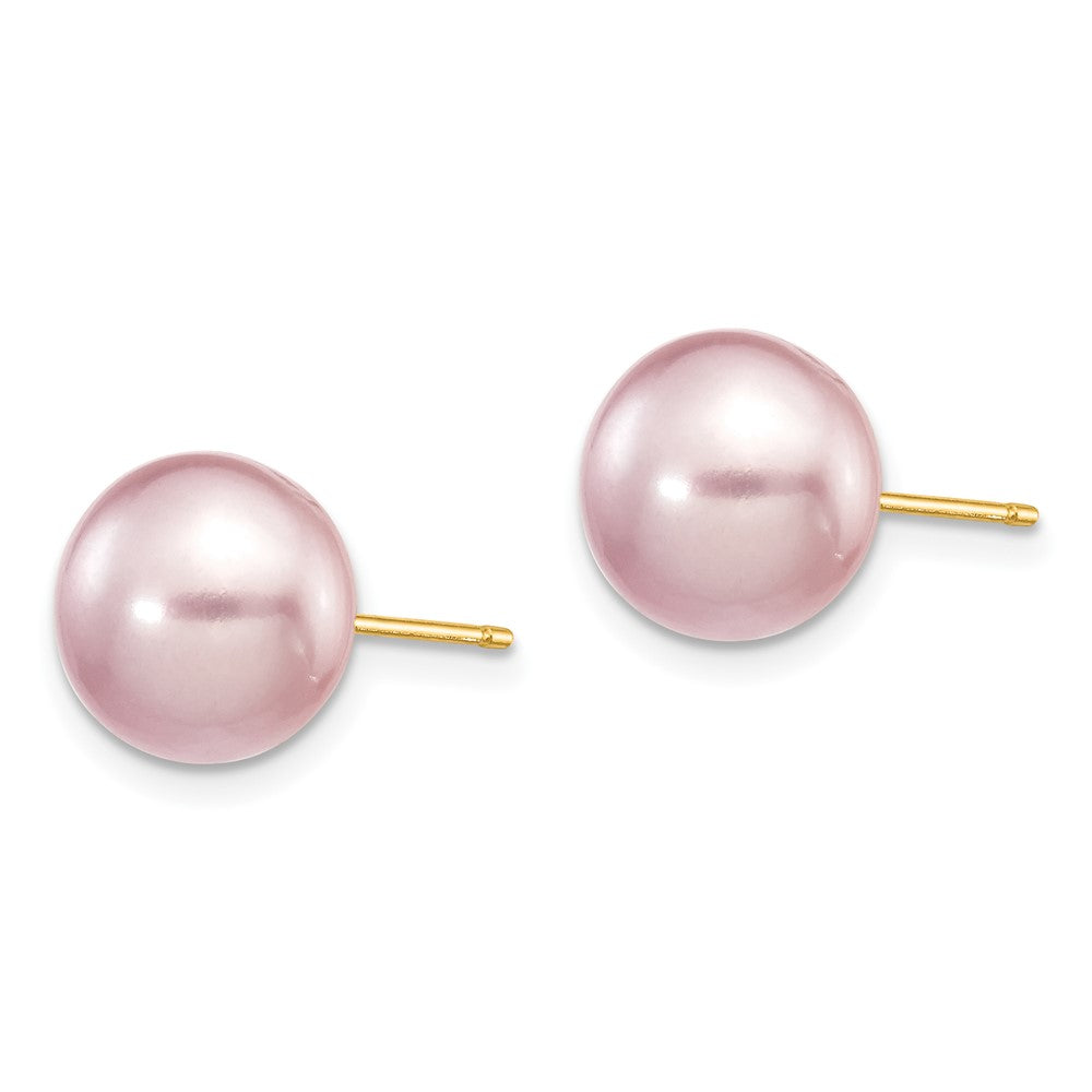 14K Yellow Gold 9-10mm Purple Button FWC Pearl Stud Post Earrings