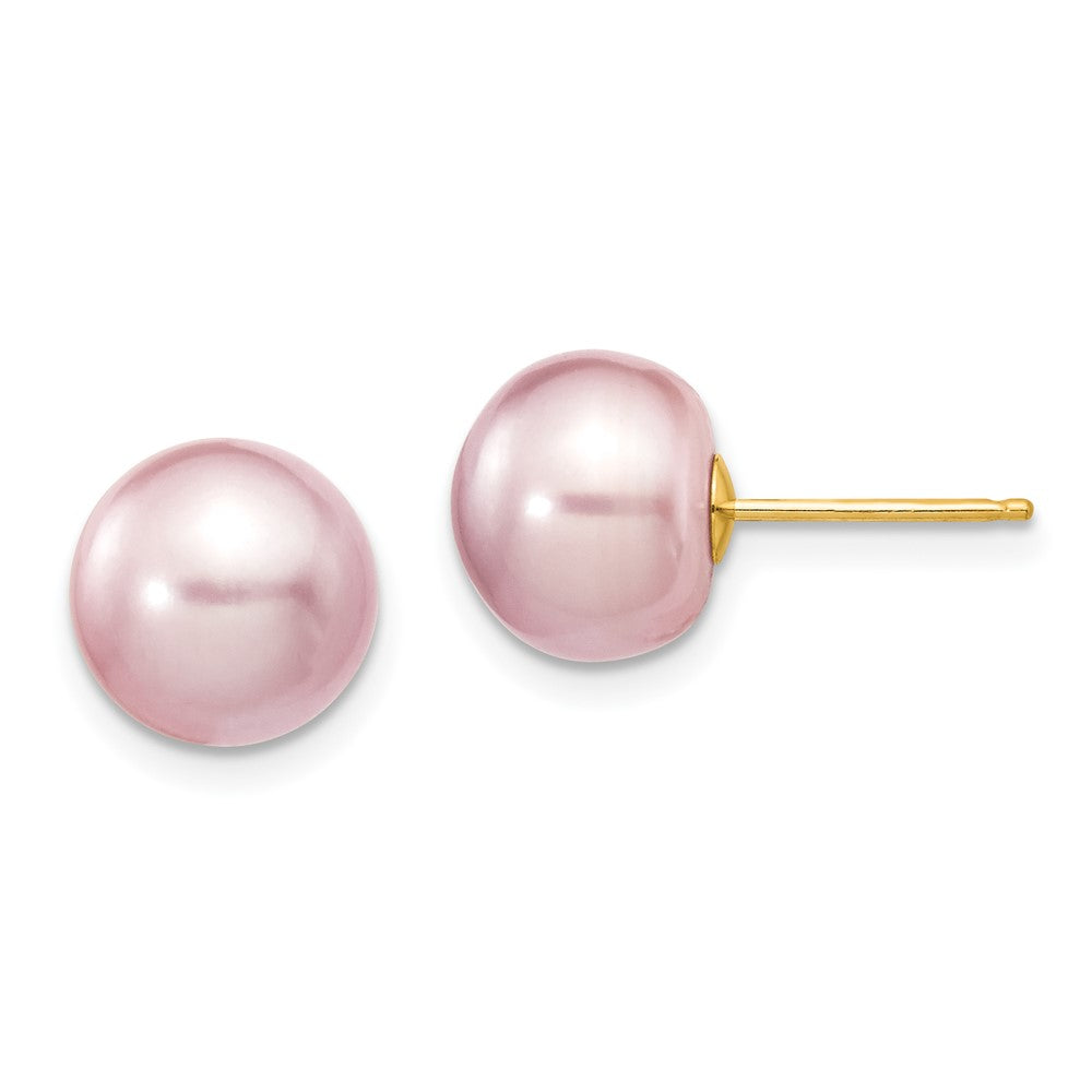 14K Yellow Gold 9-10mm Purple Button FWC Pearl Stud Post Earrings