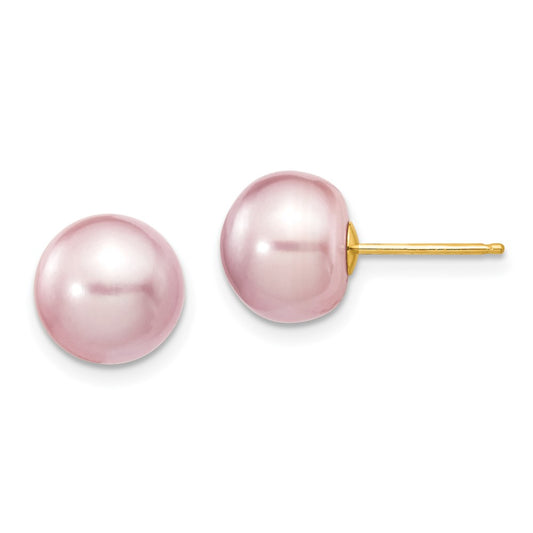 14K Yellow Gold 9-10mm Purple Button FWC Pearl Stud Post Earrings