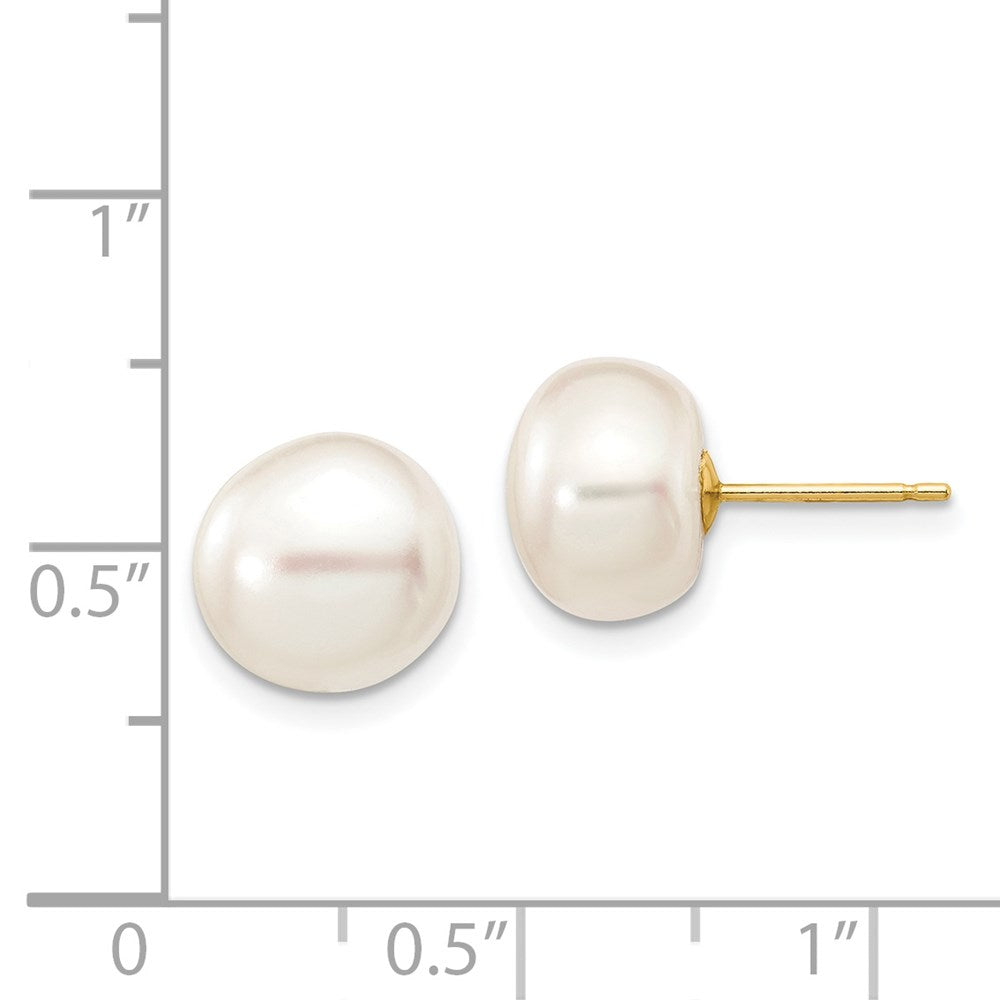 14K Yellow Gold 9-10mm White Button FWC Pearl Stud Post Earrings