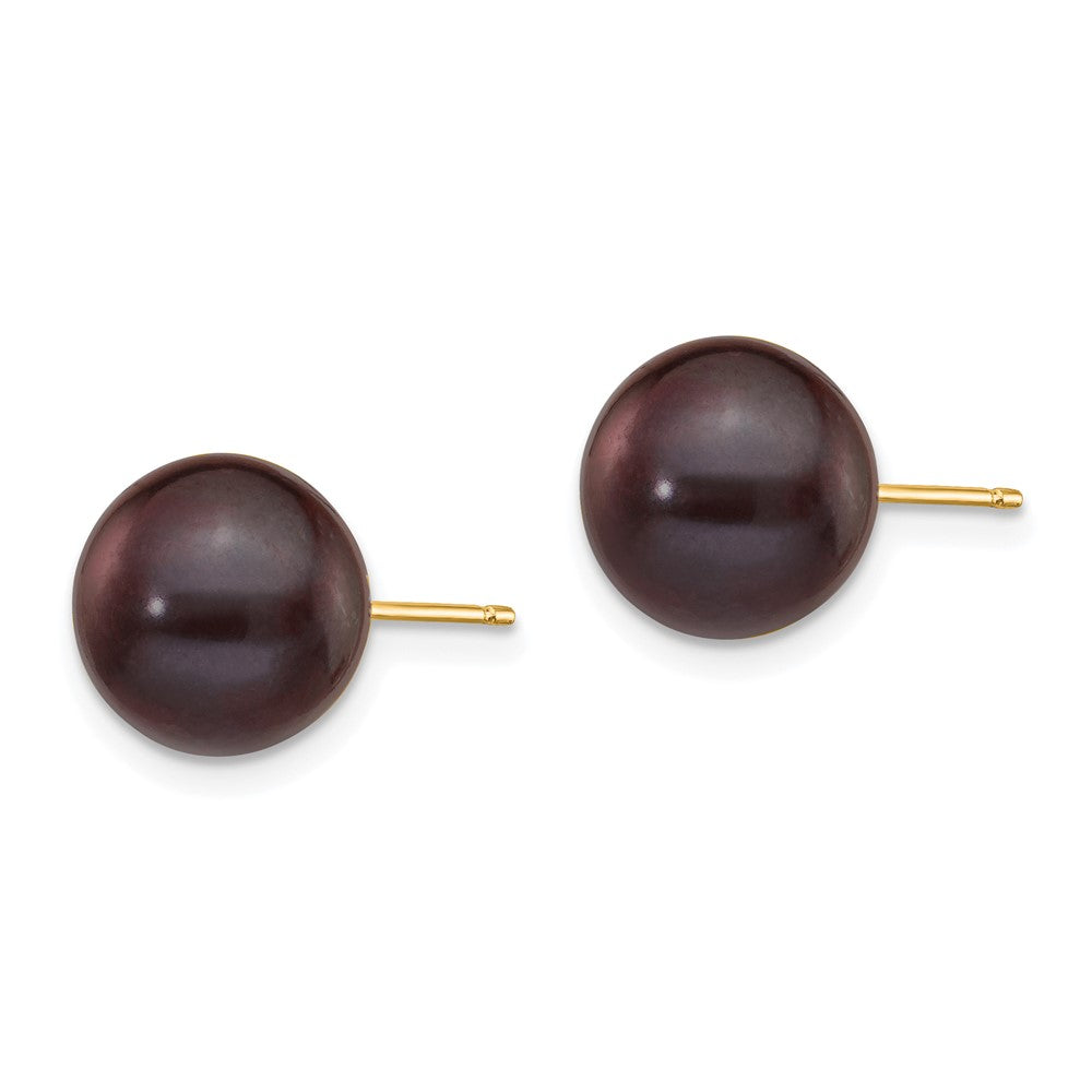 14K Yellow Gold 9-10mm Black Round FWC Pearl Stud Post Earrings