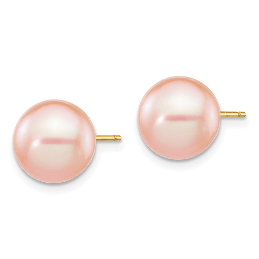 14K Yellow Gold 9-10mm Pink Round FWC Pearl Stud Post Earrings
