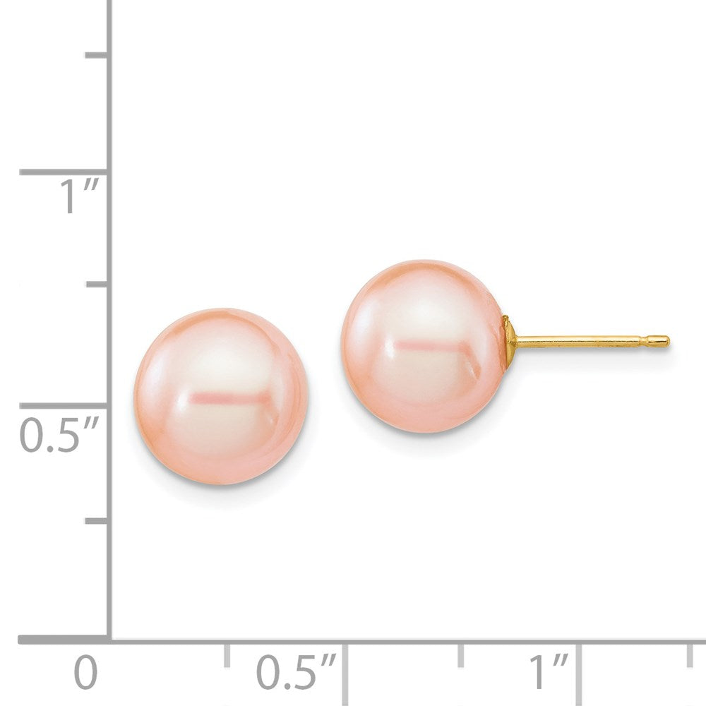 14K Yellow Gold 9-10mm Pink Round FWC Pearl Stud Post Earrings