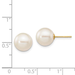14K Yellow Gold 9-10mm White Round FWC Pearl Stud Post Earrings