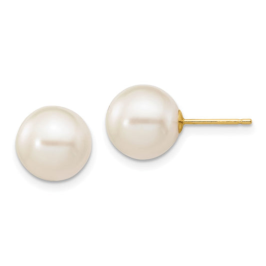 14K Yellow Gold 9-10mm White Round FWC Pearl Stud Post Earrings
