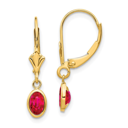 14K Yellow Gold 6x4 Oval Bezel July Ruby Leverback Earrings