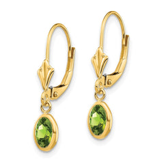 14K Yellow Gold 6x4 Oval Bezel August Peridot Leverback Earrings