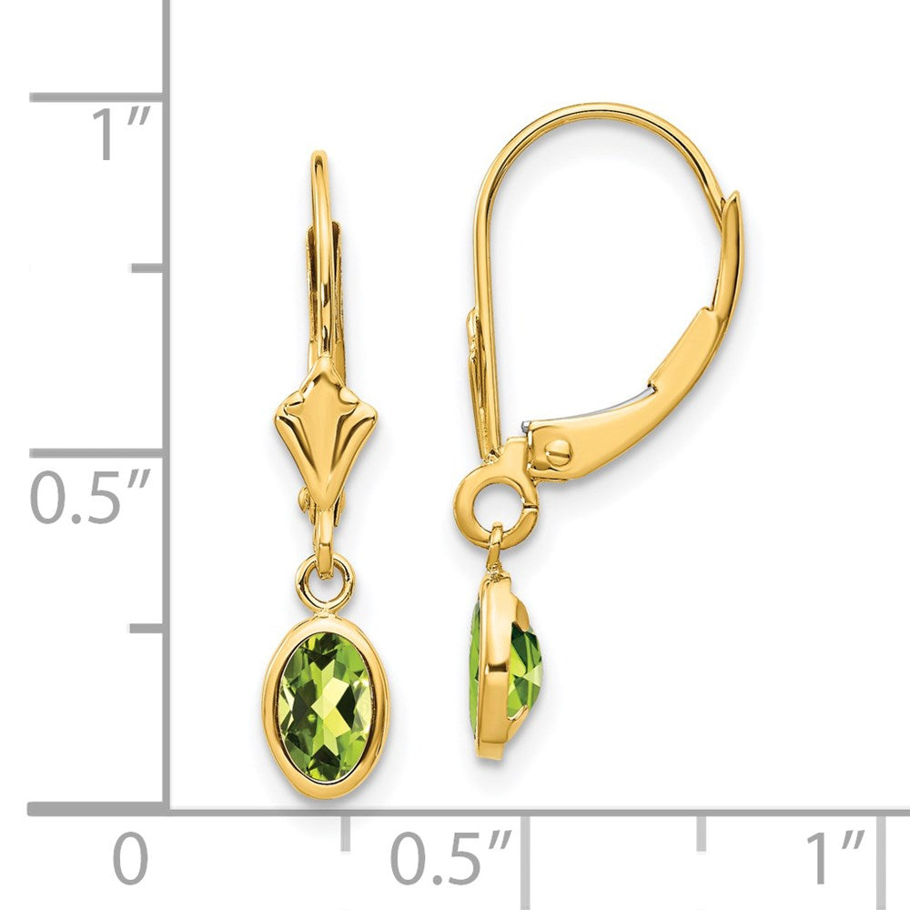 14K Yellow Gold 6x4 Oval Bezel August Peridot Leverback Earrings