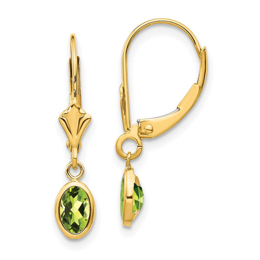 14K Yellow Gold 6x4 Oval Bezel August Peridot Leverback Earrings