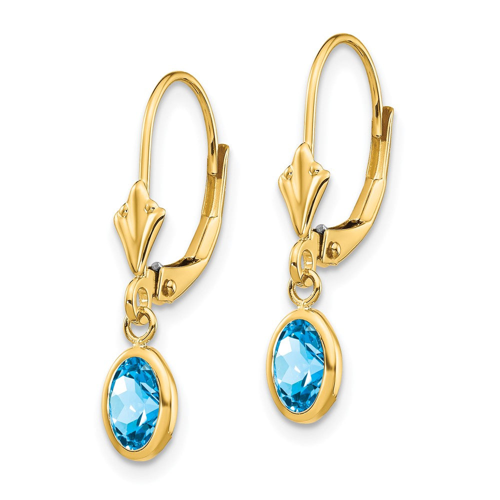 14K Yellow Gold 6x4 Oval Bezel December Blue Topaz Leverback Earrings