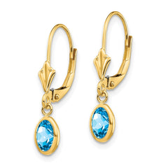 14K Yellow Gold 6x4 Oval Bezel December Blue Topaz Leverback Earrings