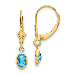 14K Yellow Gold 6x4 Oval Bezel December Blue Topaz Leverback Earrings