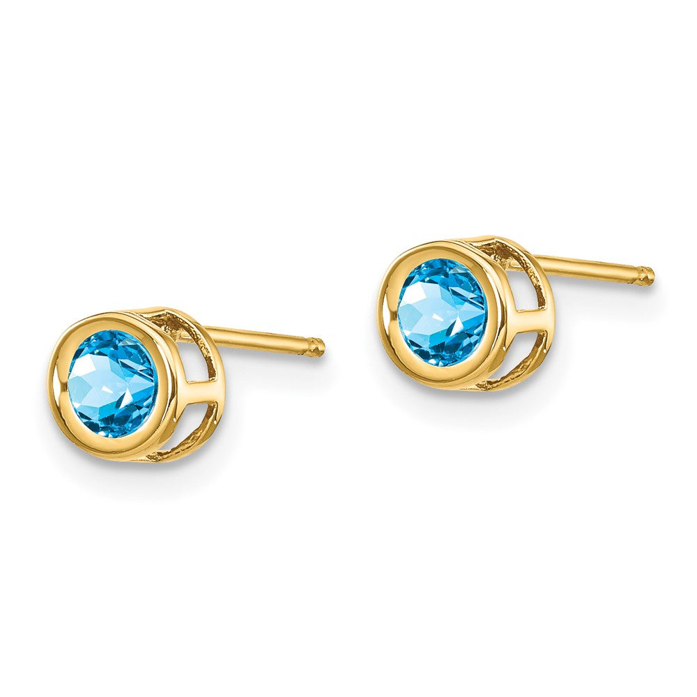 14K Yellow Gold 5mm Round Bezel December Blue Topaz Stud Earrings