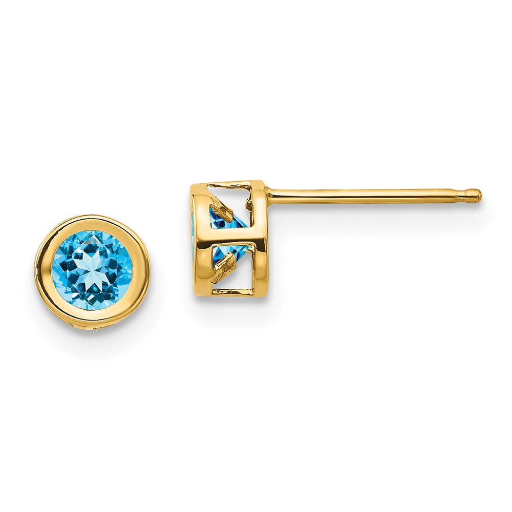 14K Yellow Gold 5mm Round Bezel December Blue Topaz Stud Earrings