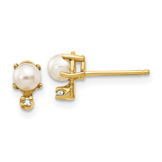 14K Yellow Gold Diamond & FWC Pearl Birthstone Earrings