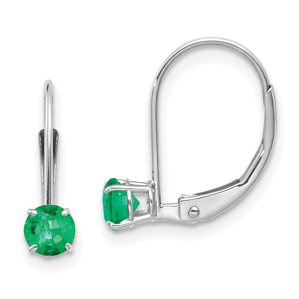 14K White Gold 4mm Round May Emerald Leverback Earrings