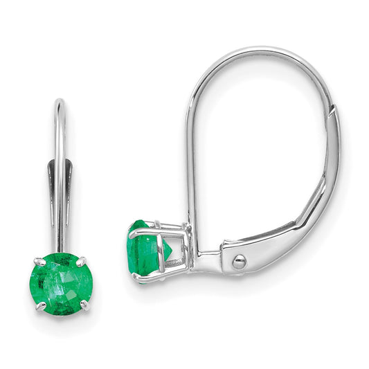 14K White Gold 4mm Round May Emerald Leverback Earrings