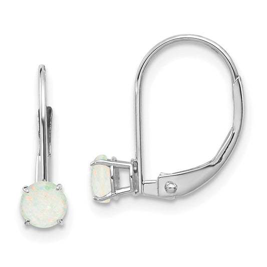 14K White Gold 4mm Round October Opal Leverback Earrings
