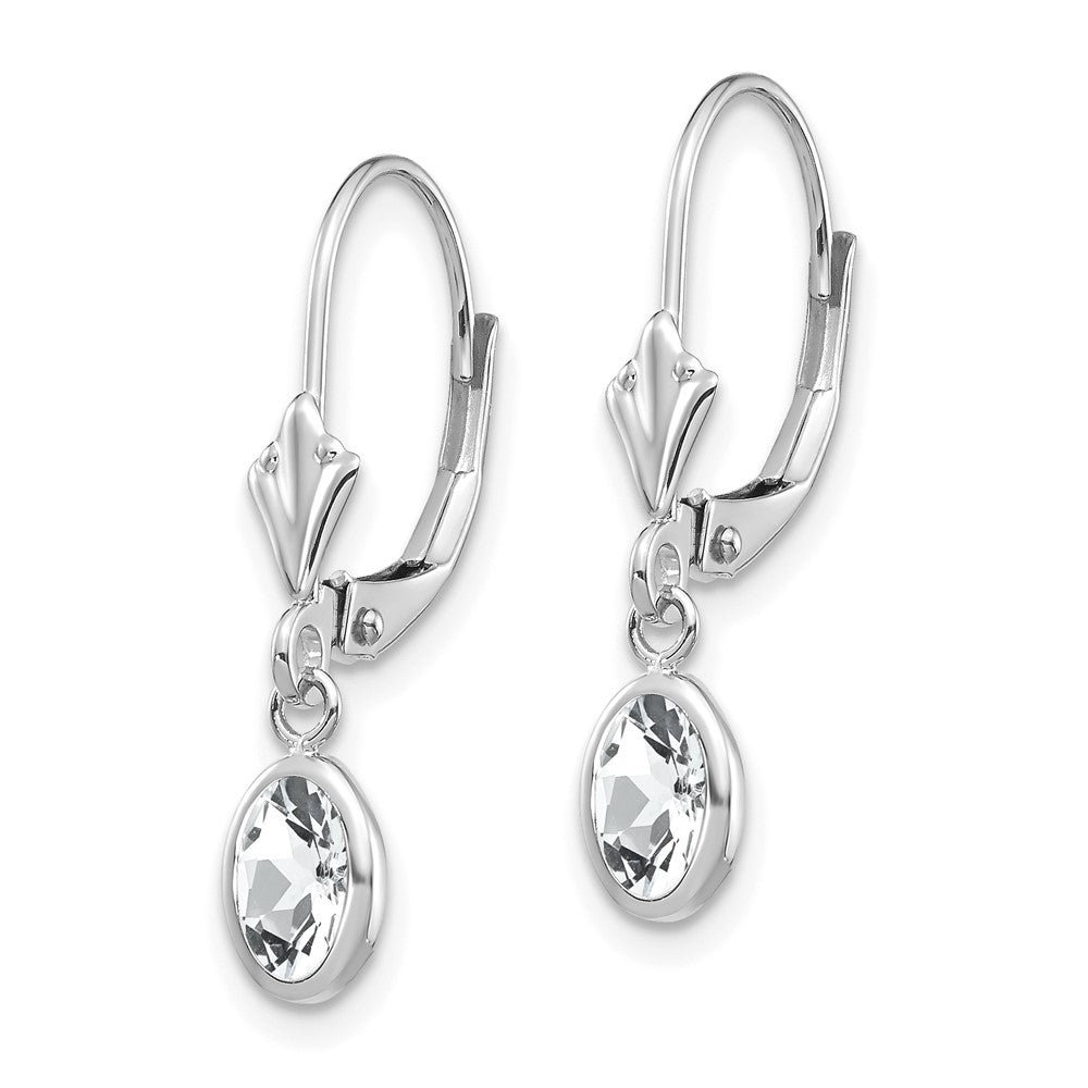 14K White Gold 6x4 Oval Bezel April White Topaz Leverback Earrings