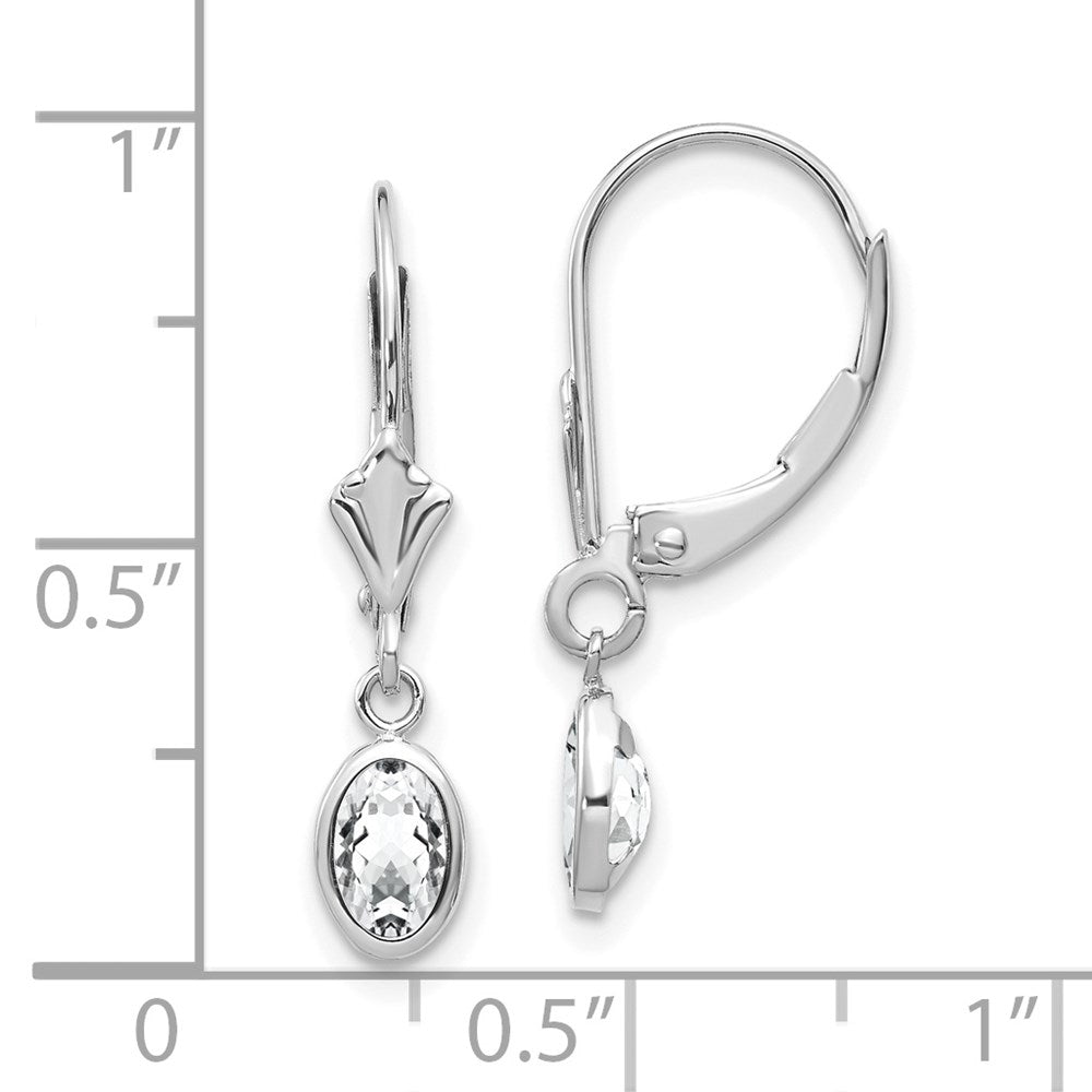 14K White Gold 6x4 Oval Bezel April White Topaz Leverback Earrings