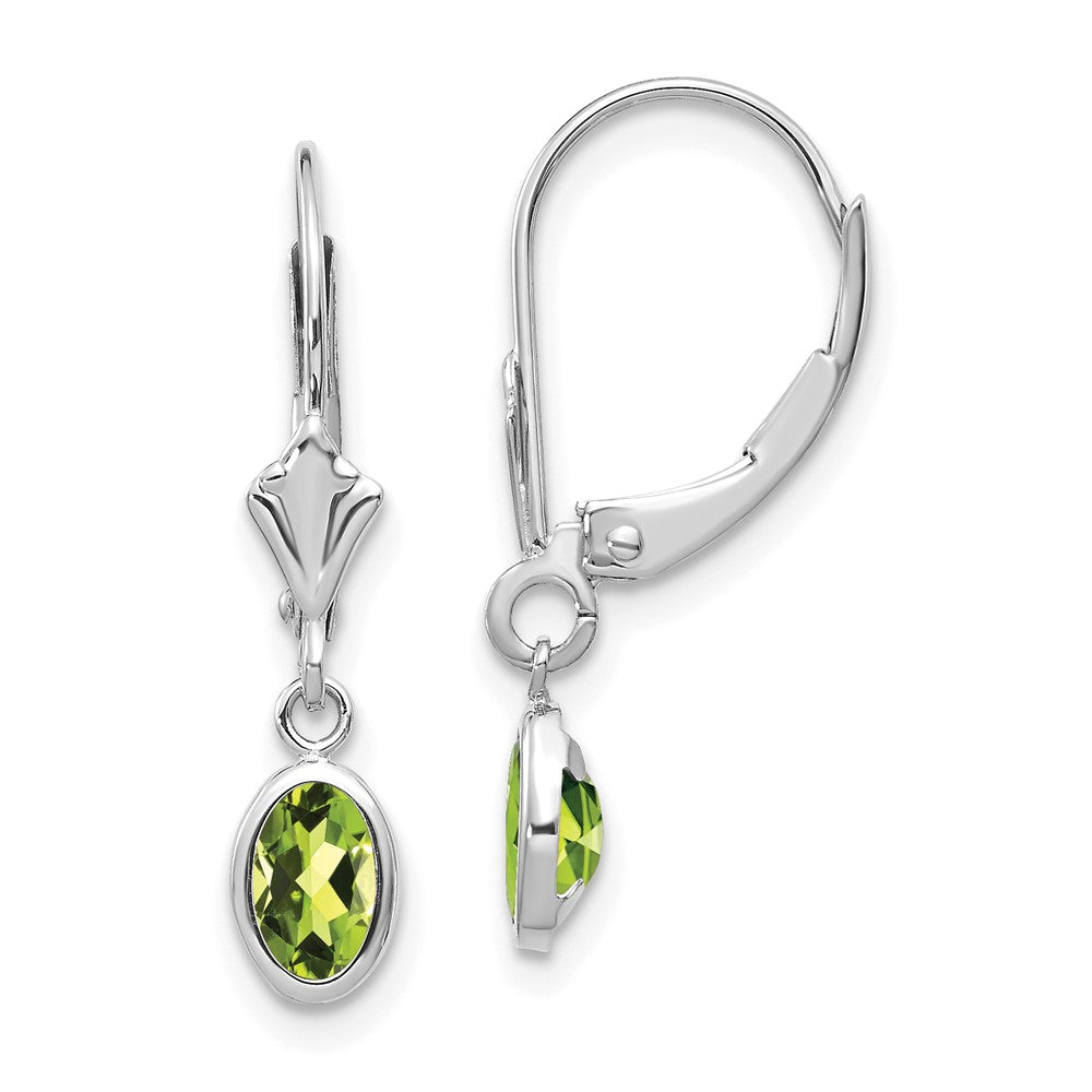 14K White Gold 6x4 Oval Bezel August Peridot Leverback Earrings