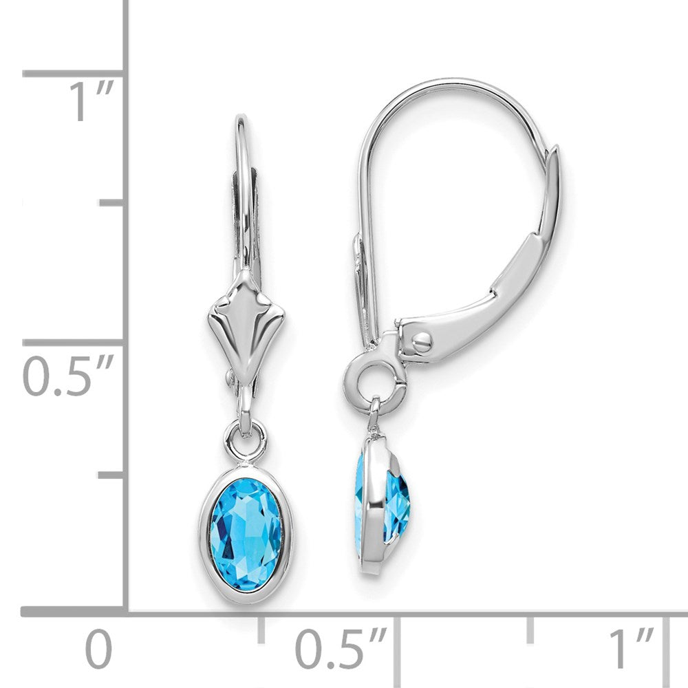 14K White Gold 6x4 Oval Bezel December Blue Topaz Leverback Earrings