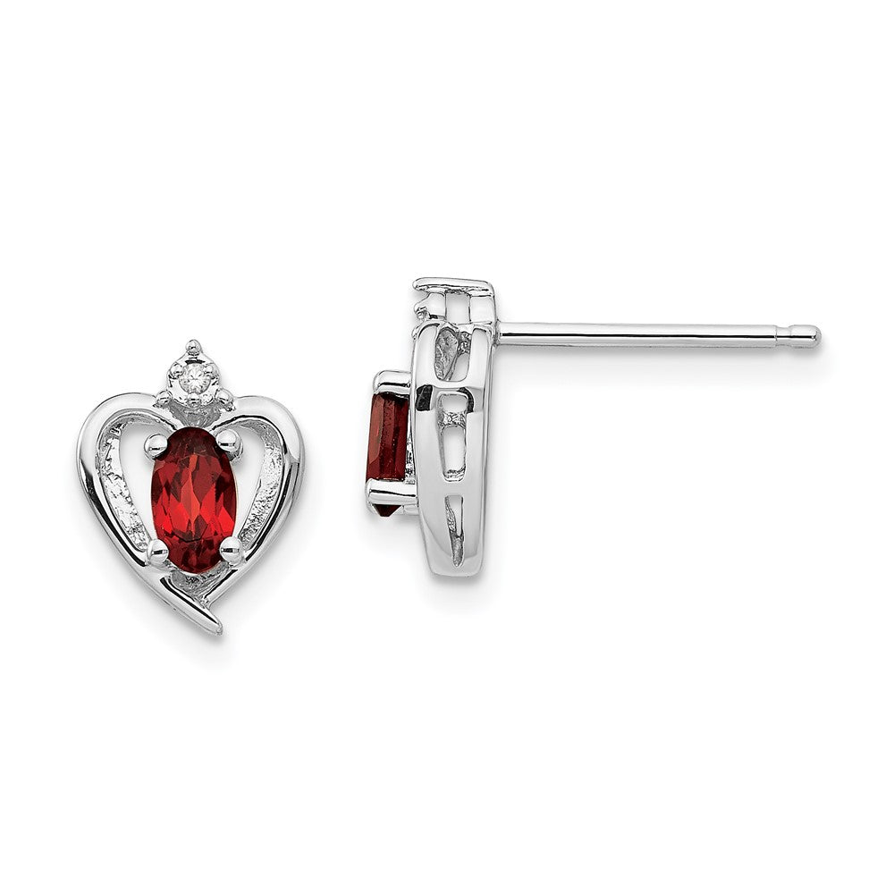 14K White Gold Garnet and Diamond Heart Post Earrings
