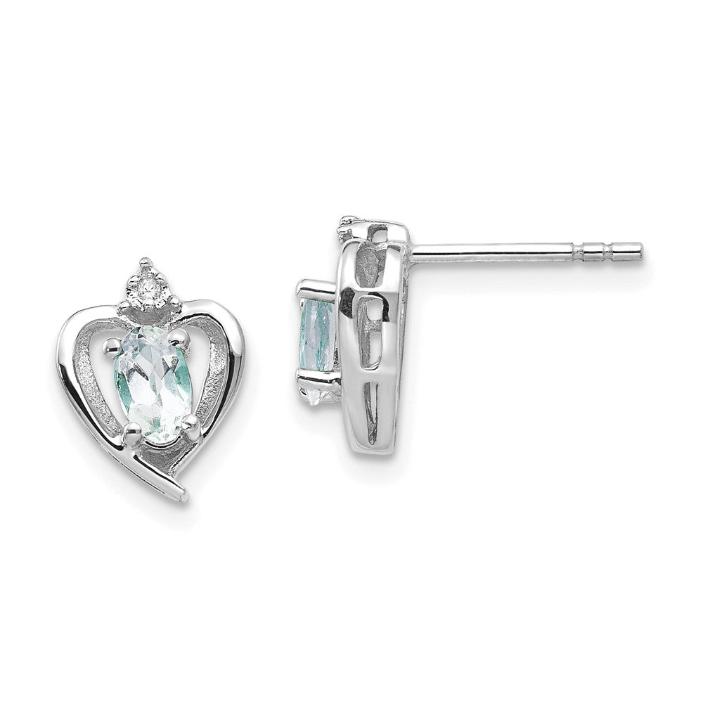 14K White Gold Aquamarine and Diamond Heart Post Earrings
