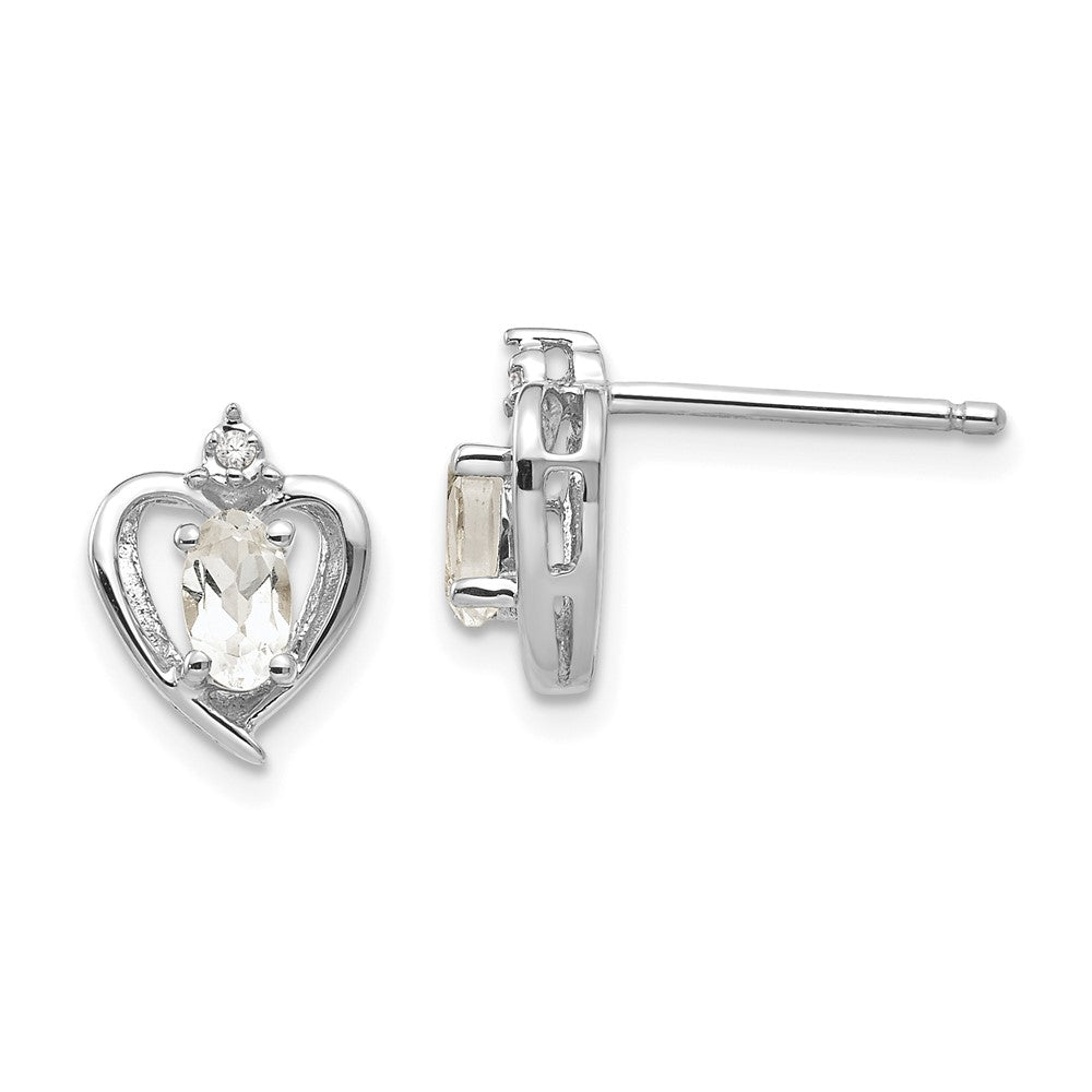 14K White Gold White Topaz and Diamond Heart Post Earrings