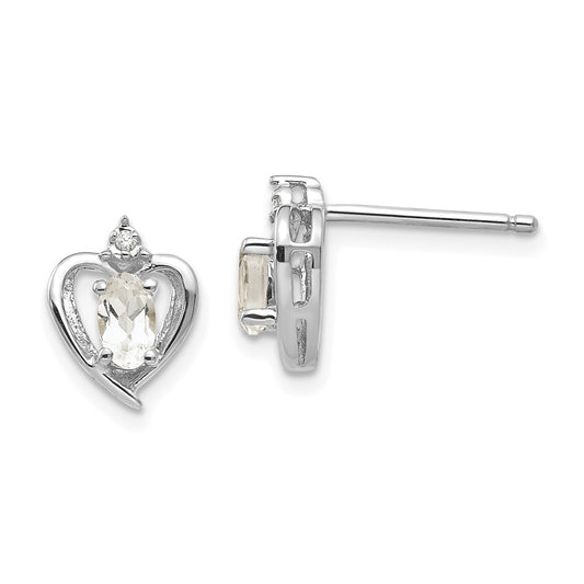 14K White Gold White Topaz and Diamond Heart Post Earrings