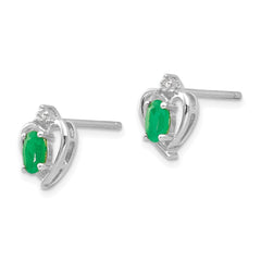 14K White Gold Emerald and Diamond Heart Post Earrings