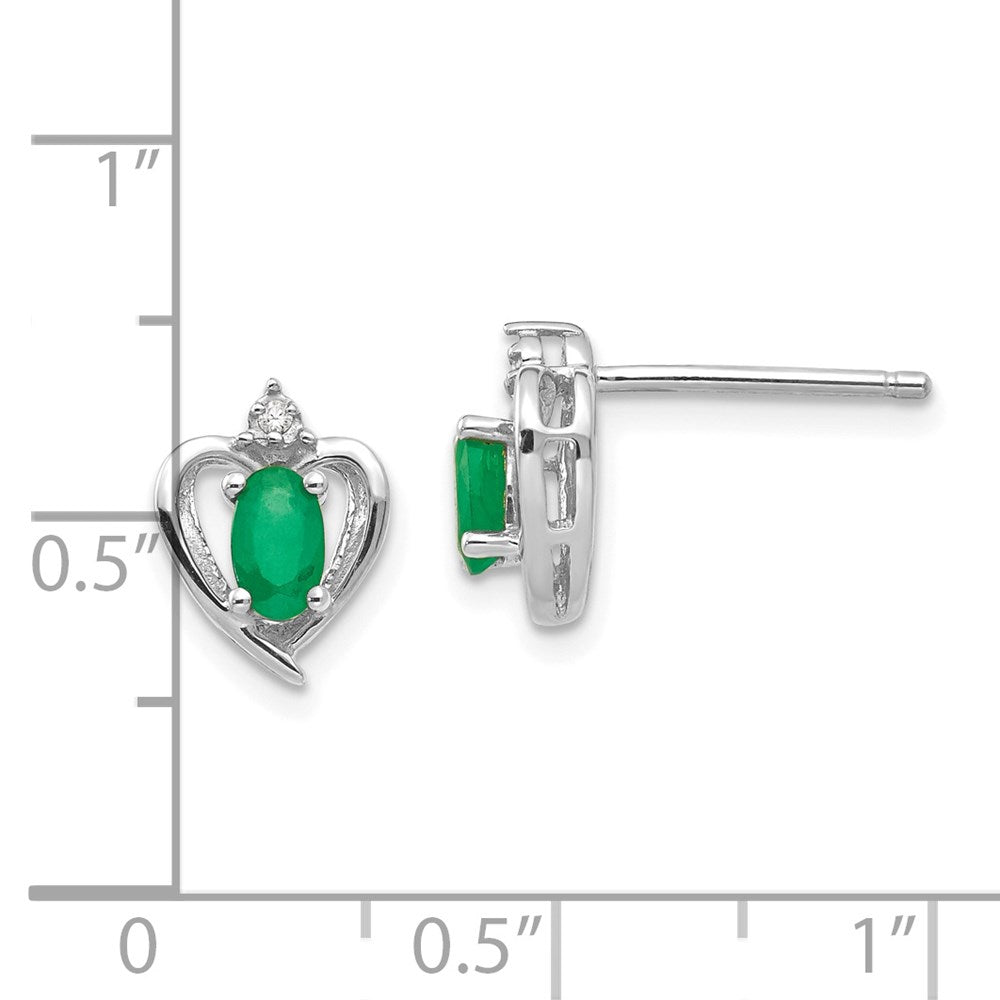 14K White Gold Emerald and Diamond Heart Post Earrings