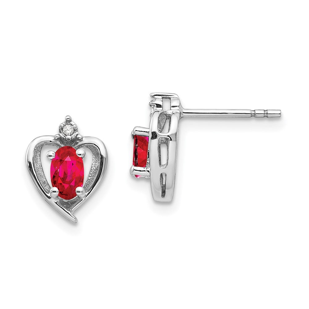 14K White Gold Ruby and Diamond Heart Post Earrings