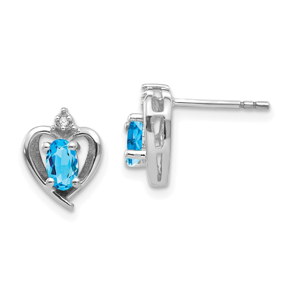 14K White Gold Blue Topaz and Diamond Heart Post Earrings