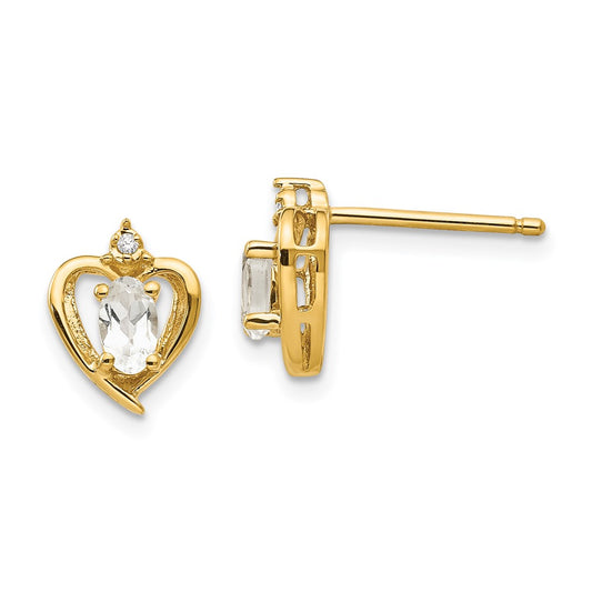 14K Yellow Gold White Topaz and Diamond Heart Earrings