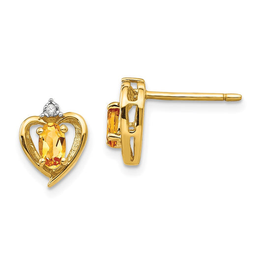 14K Yellow Gold Citrine and Diamond Heart Earrings