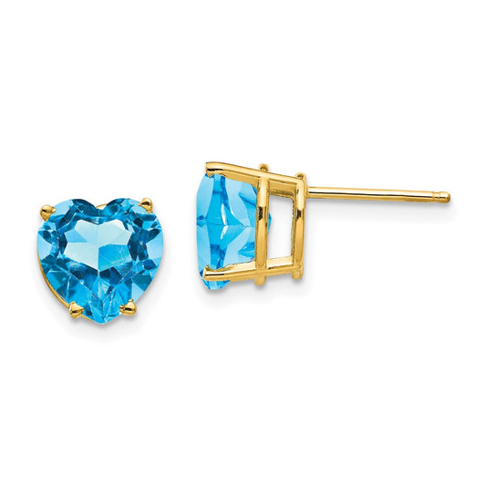 14K Yellow Gold 8mm Heart Blue Topaz Stud Earrings