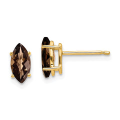 14K Yellow Gold 8x4 Marquise Checker-cut Smokey Quartz Stud Earrings