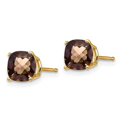 14K Yellow Gold 6mm Cushion Checker-cut Smokey Quartz Stud Earrings