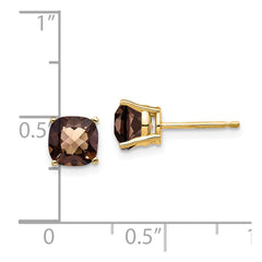 14K Yellow Gold 6mm Cushion Checker-cut Smokey Quartz Stud Earrings
