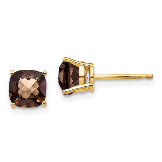 14K Yellow Gold 6mm Cushion Checker-cut Smokey Quartz Stud Earrings