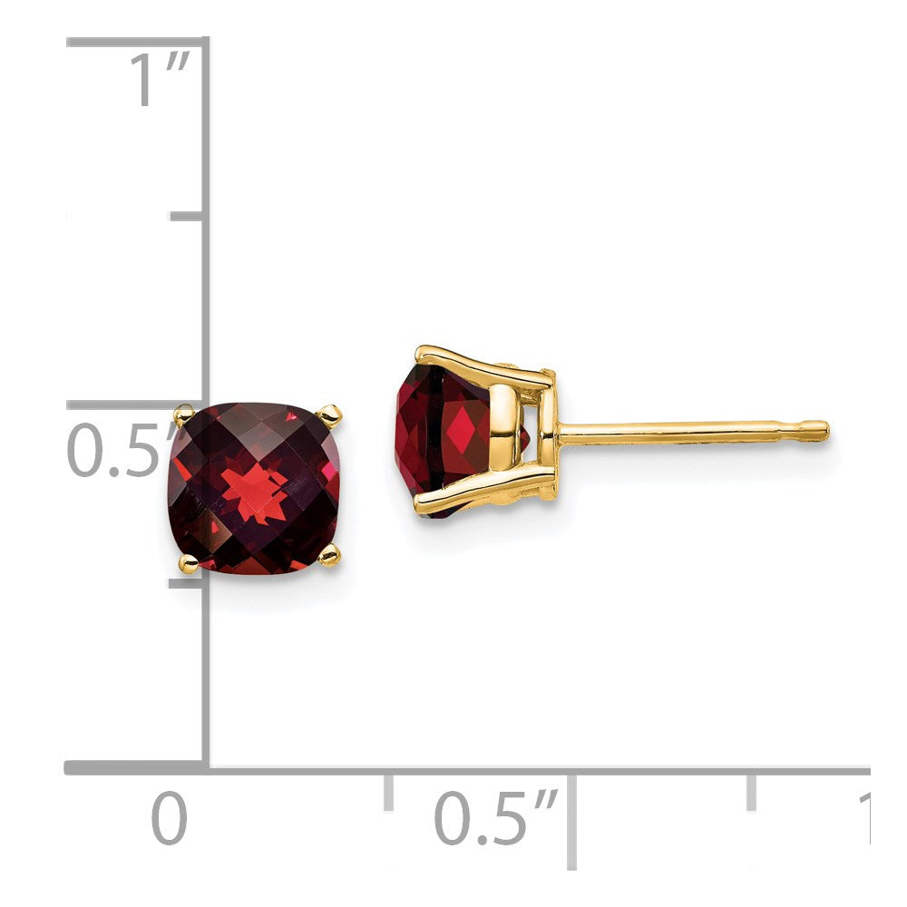 14K Yellow Gold 6x6mm Cushion Garnet Checker Stud Earrings