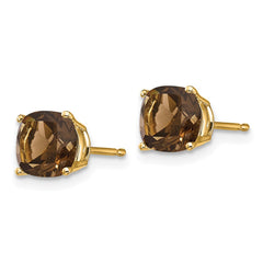 14K Yellow Gold 6mm Cushion Smokey Quartz Stud Earrings