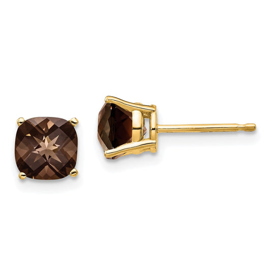 14K Yellow Gold 6mm Cushion Smokey Quartz Stud Earrings
